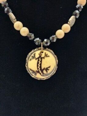 Handmade Beaded Necklace With 925 Silver Clasp & Boho Gecko Pendant Black Beige
